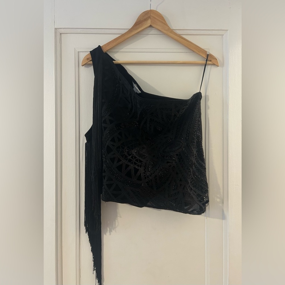 Black One-Shoulder Fringe Embellished Top
